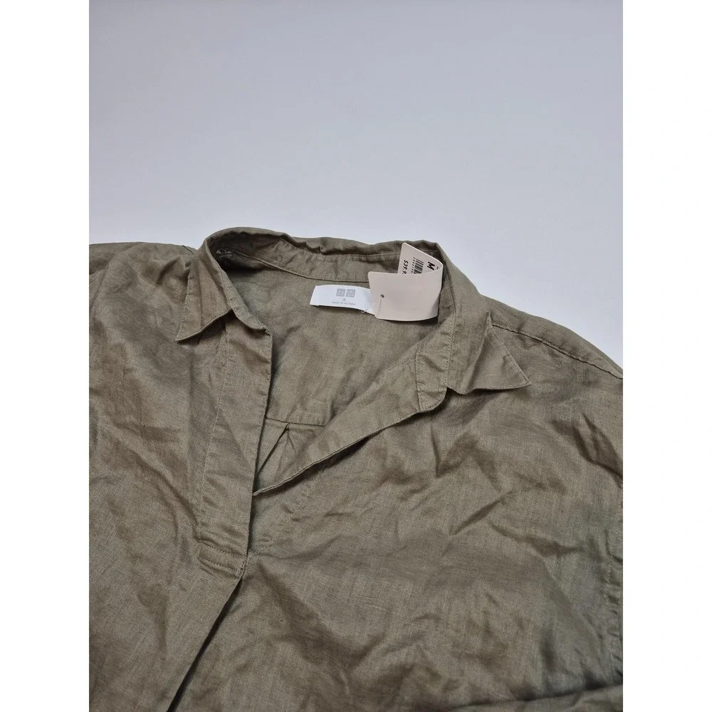 Uniqlo Shirt Womens Medium Green Linen Skipper Collar Pullover Top Long Sleeve - Picture 2 of 10